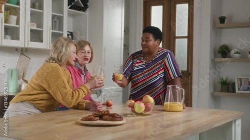 Senior Women Friends Gathering at Home - Mature Ladies Socializing Indoors talking. Three cheerful 60 year old women enjoying friendly get together in living room and chatting. Leisure time