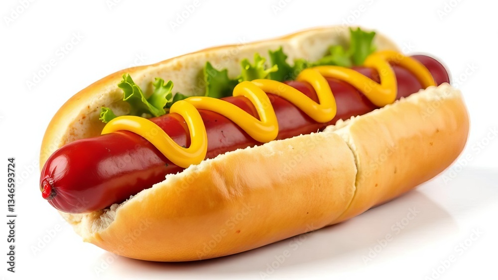 Hot dog with ketchup and yellow mustard on wooden table Hot dog with ketchup and yellow mustard on wooden table