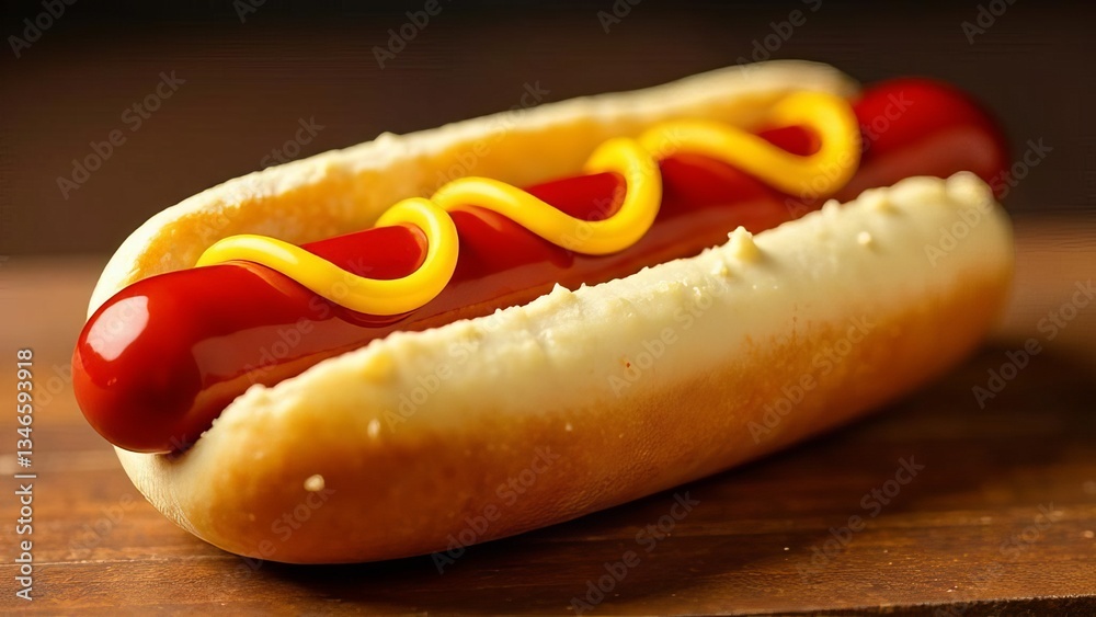 Hot dog with ketchup and yellow mustard on wooden table Hot dog with ketchup and yellow mustard on wooden table