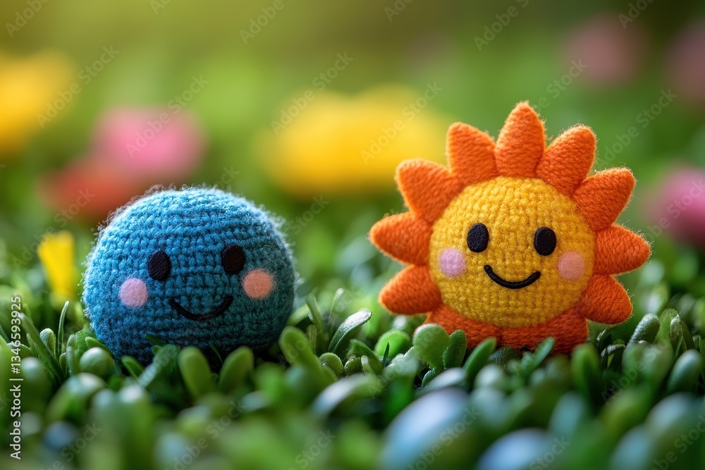 Cute Crochet Characters Smiling in a Colorful Grass Field Cute Crochet Characters Smiling in a Colorful Grass Field
