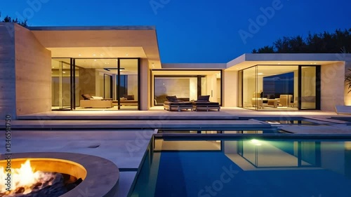 Modern Luxury Villa with Swimming Pool and Fire Pit at Night