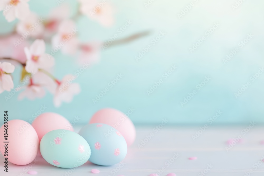 Elegant Pink and White Easter Eggs with Tulip Flowers on White Background.