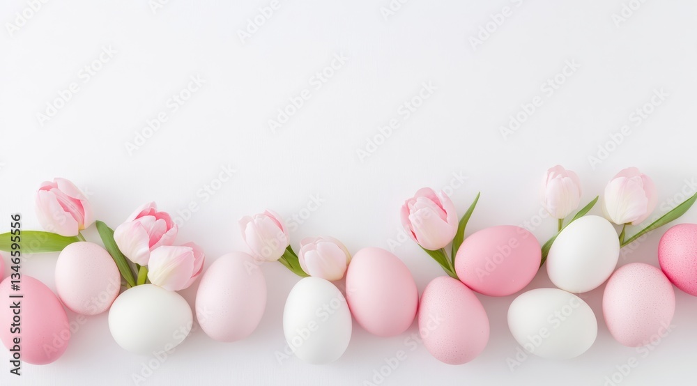 Elegant Pink and White Easter Eggs with Tulip Flowers on White Background.
