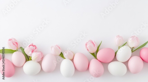 Obraz na płótnie Elegant Pink and White Easter Eggs with Tulip Flowers on White Background. w salonie