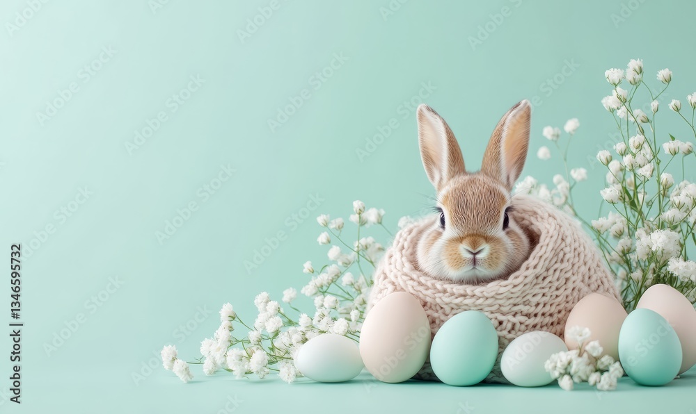 Cute Easter Bunny in Cozy Knitted Nest with Pastel Eggs and Flowers