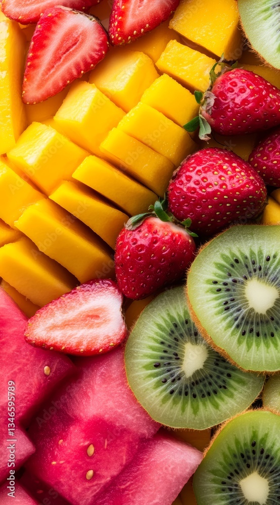 Colorful Assorted Fresh Fruits Including Berries, Melon, and Mango on Dark Background.