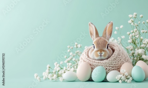 Obraz na płótnie Cute Easter Bunny in Cozy Knitted Nest with Pastel Eggs and Flowers w salonie