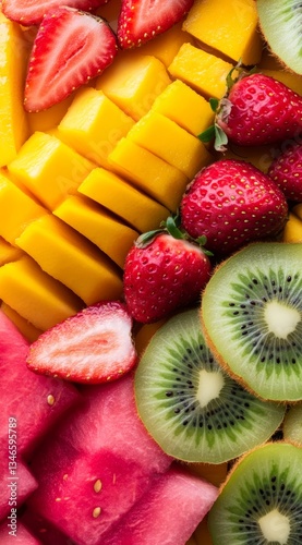 Obraz na płótnie Colorful Assorted Fresh Fruits Including Berries, Melon, and Mango on Dark Background. w salonie