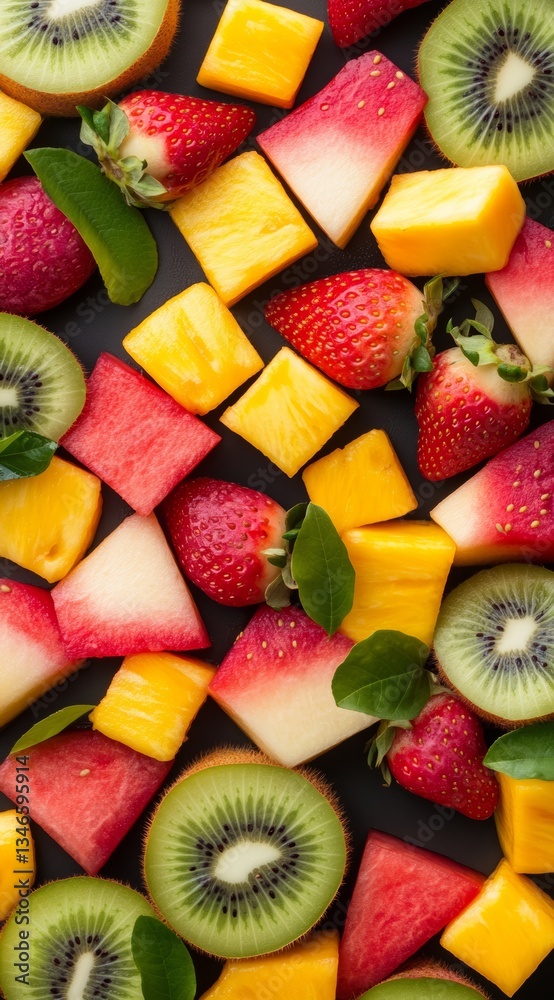 Colorful Assorted Fresh Fruits Including Berries, Melon, and Mango on Dark Background.