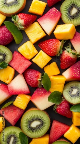 Colorful Assorted Fresh Fruits Including Berries, Melon, and Mango on Dark Background.