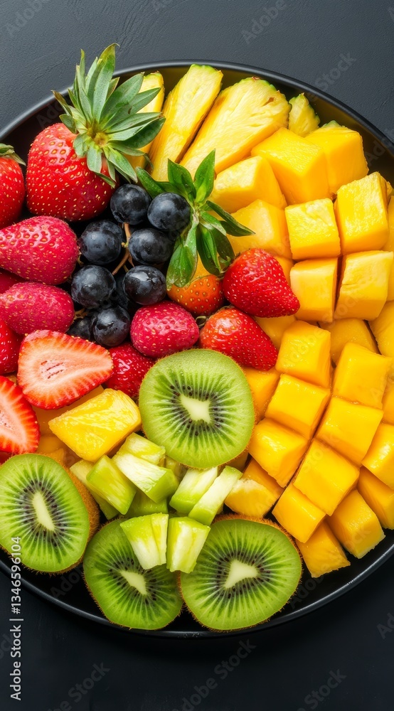 Colorful Assorted Fresh Fruits Including Berries, Melon, and Mango on Dark Background.