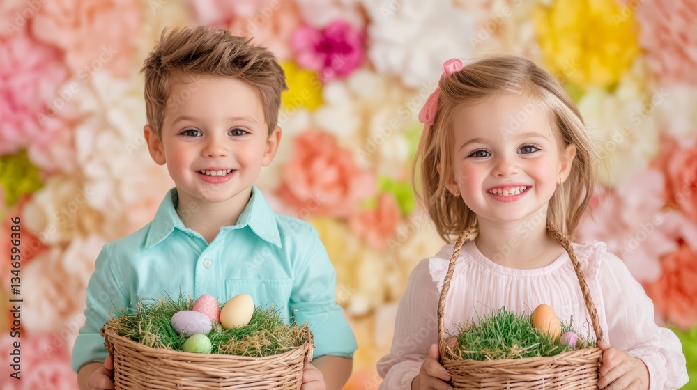 Smiling Children Holding Easter Baskets with Colorful Eggs and Festive Spring Background
