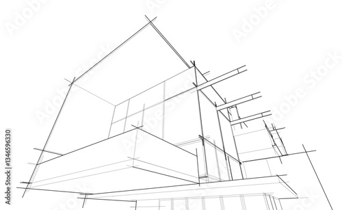 Fototapeta Naklejka Na Ścianę i Meble -  Modern Architectural Linear Wireframe 3d Sketch