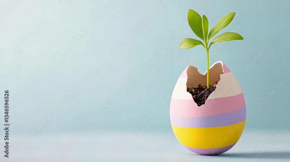 Green Seedling Growing from Broken Easter Egg Symbolizing Renewal and Spring.