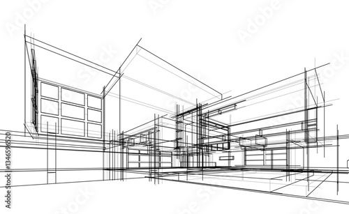 Fototapeta Naklejka Na Ścianę i Meble -  Modern Architectural Linear Wireframe 3d Sketch