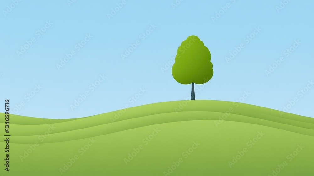 Lone Tree on Rolling Green Hills with Minimalist Landscape. Lone Tree on Rolling Green Hills with Minimalist Landscape.