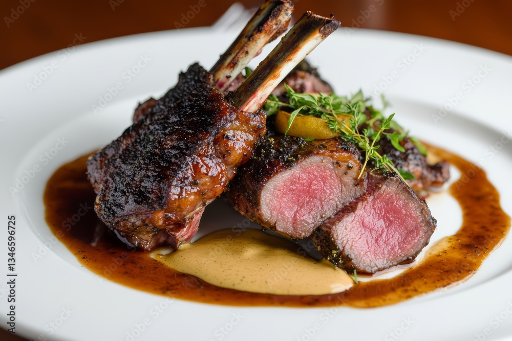 Juicy Herb Crusted Roast Beef with Grilled Lemon and Fresh Herbs on a Serving Plate.