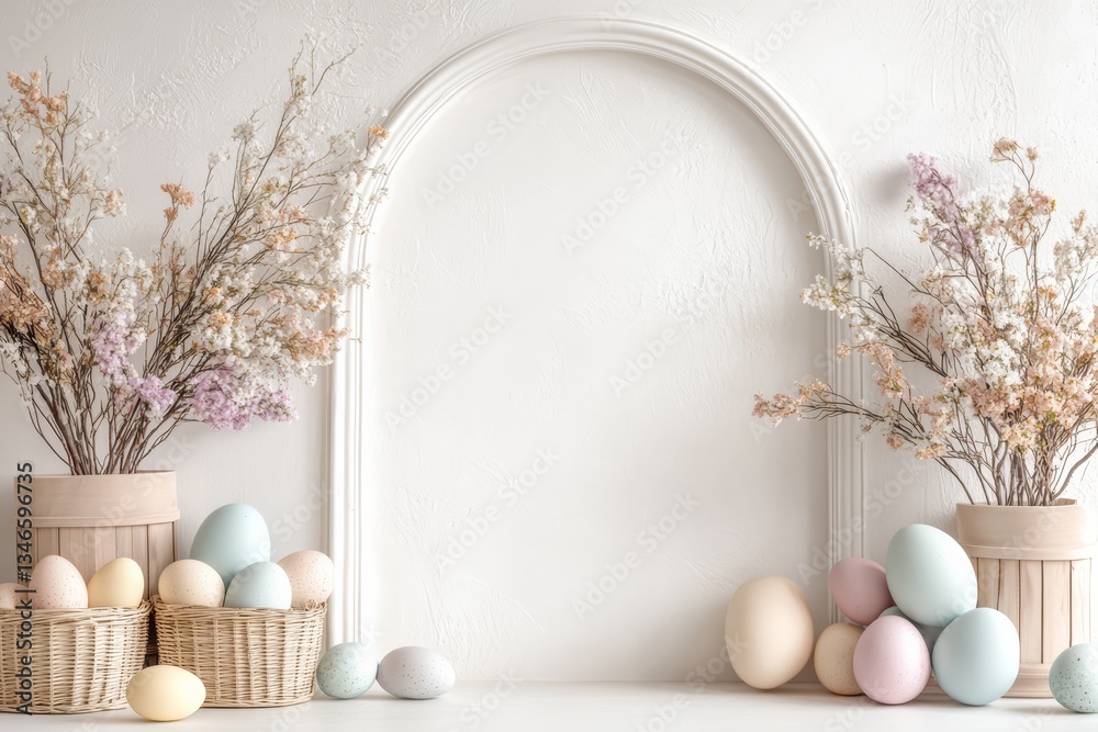 legant Easter Floral Backdrop with Pastel Vases and Decorative Eggs in a Soft Spring Setting