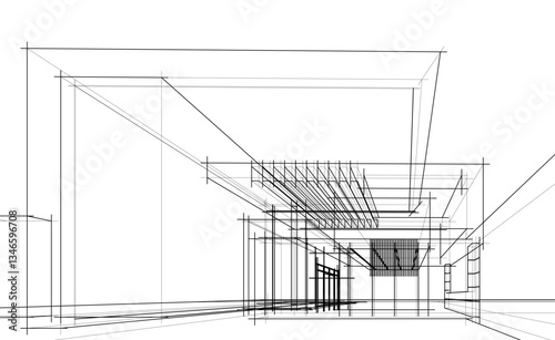 Fototapeta Naklejka Na Ścianę i Meble -  Modern Architectural Linear Wireframe 3d Sketch