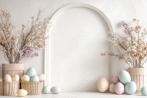 legant Easter Floral Backdrop with Pastel Vases and Decorative Eggs in a Soft Spring Setting