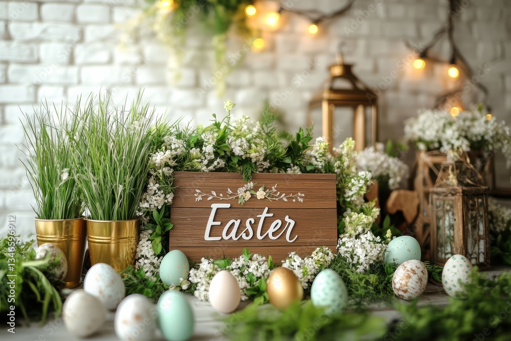 Elegant Easter Decoration with Rustic Wooden Sign and Floral Arrangements.