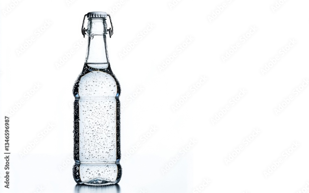 A single, clear glass bottle filled with sparkling water, captured against a clean background. The bottle is sealed with a metal clasp. A single, clear glass bottle filled with sparkling water, captured against a clean background. The bottle is sealed with a metal clasp.