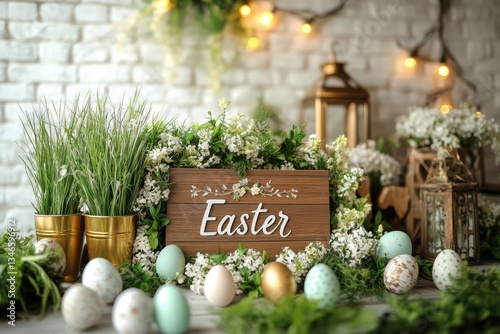 Obraz na płótnie Elegant Easter Decoration with Rustic Wooden Sign and Floral Arrangements. w salonie