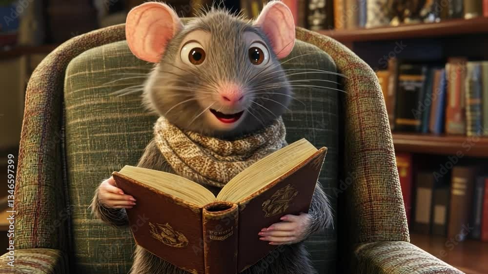 Whimsical cartoon mouse sitting on a cozy armchair, joyfully reading a book, with an inviting library background filled with bookshelves and warm lighting