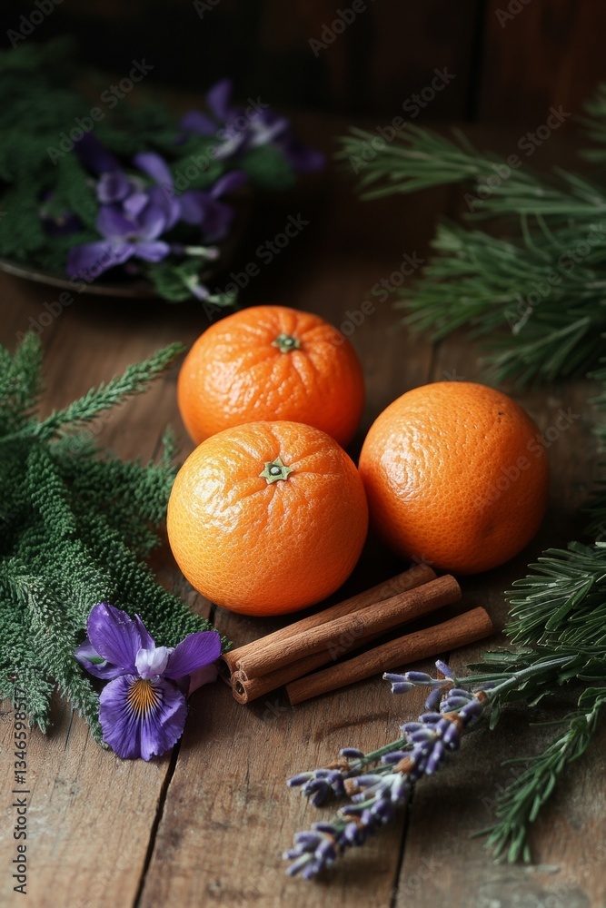 A photo studio for products lying on the floor realistic tangerine, cinnamon sticks, lavender, iris A photo studio for products lying on the floor realistic tangerine, cinnamon sticks, lavender, iris