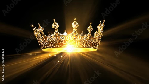 Stunning Golden Crown with Sparkling Diamonds Surrounded by Glowing Light Effects on Black Background for Royalty Themes