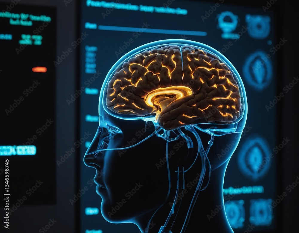 Obraz premium An illuminated brain model in profile, showcasing neural connections and advanced technology backdrop.
