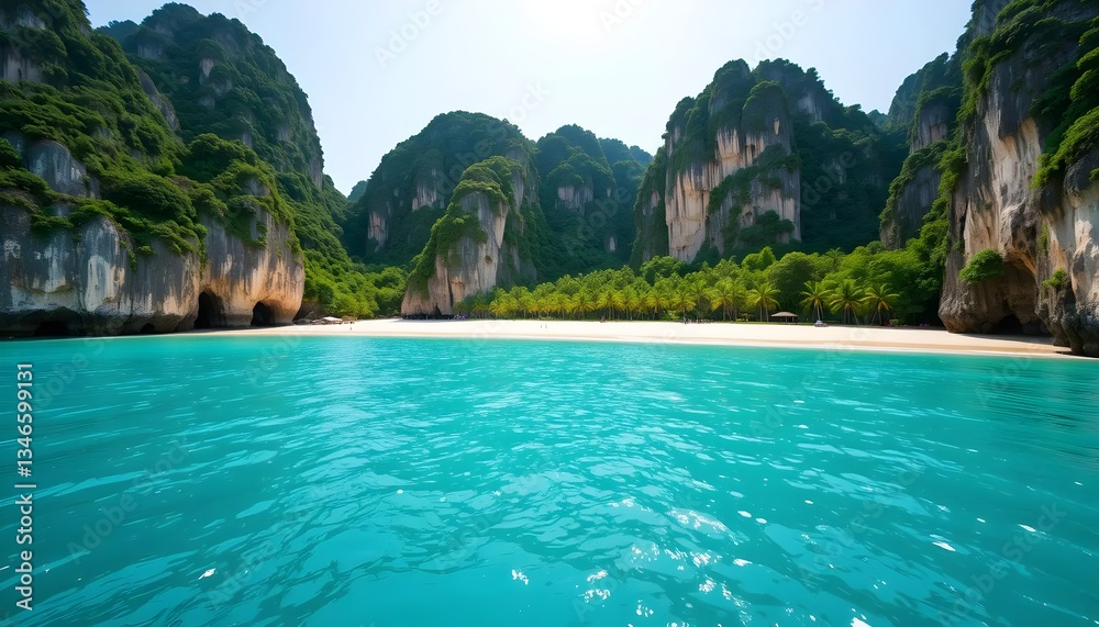Obraz premium Tropical Beach with Cliffs and Turquoise Water
