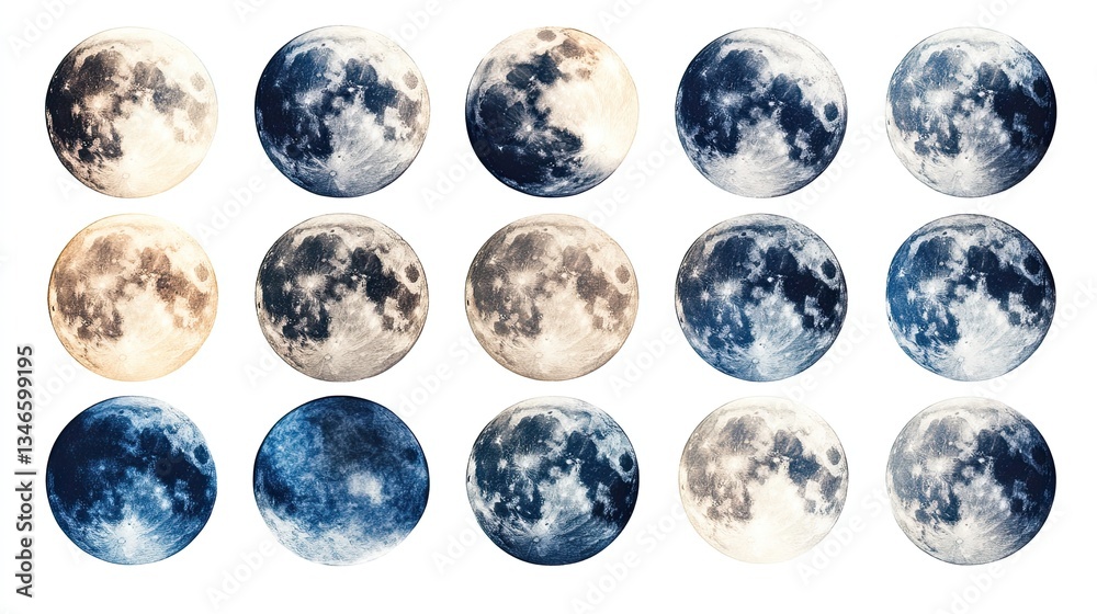 Collection of nine different moon phases in a watercolor style, depicting the lunar cycle in an artistic way. Collection of nine different moon phases in a watercolor style, depicting the lunar cycle in an artistic way.