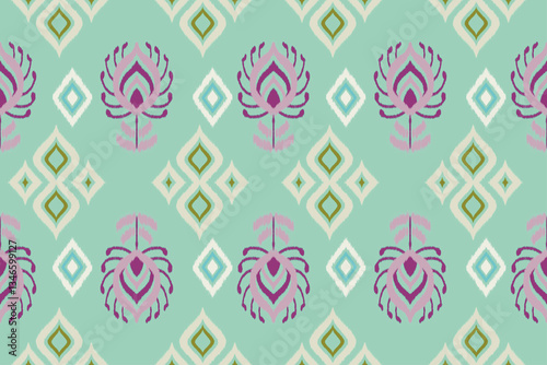 Tribal Diamond Ikat Seamless Pattern On Light Blue Background