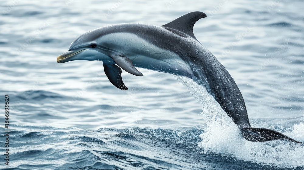 Fototapeta premium A leaping dolphin gracefully jumping out of ocean water waves