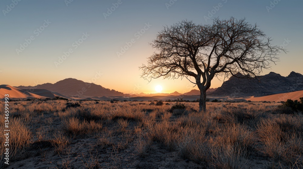 Obraz premium Sunset over desert landscape with solitary tree namib desert nature photography serene environment wide angle view