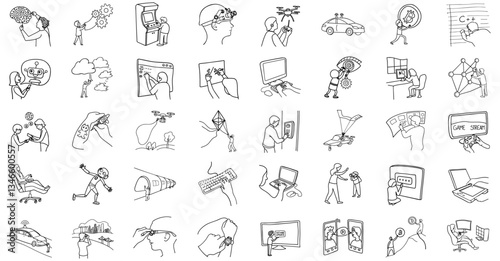 collection of technology themed line drawings depicting various futuristic concepts