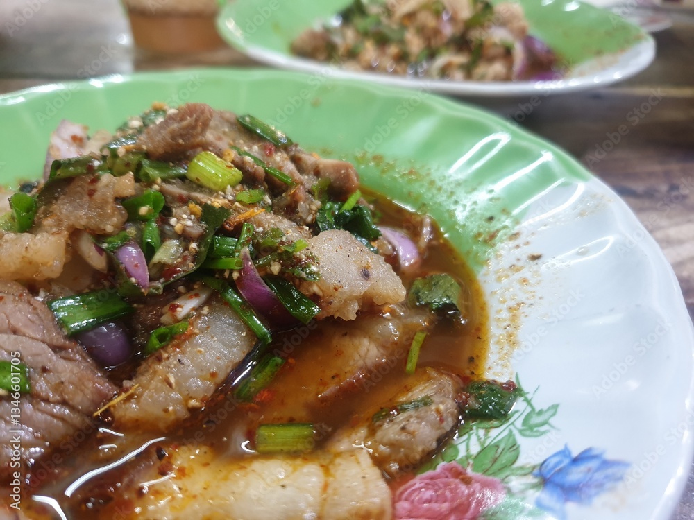 Spicy minced beef salad (Laab) at Thai street food Spicy minced beef salad (Laab) at Thai street food