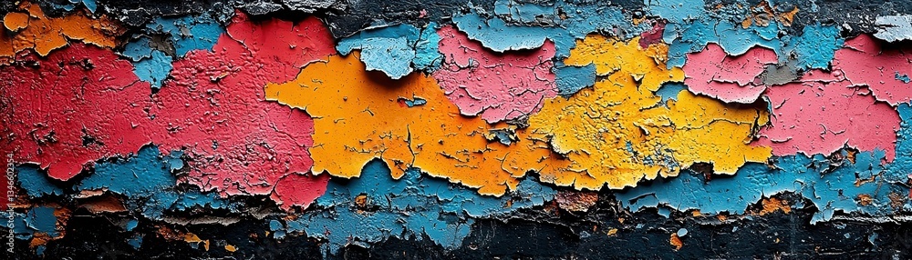 Obraz premium Acid Rain’s Impact, peeling cracked paint on a deteriorating wall, showing chemical erosion, weathering, and environmental degradation.