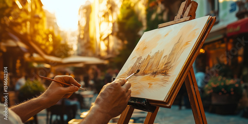 Artist sketching on lively street of small European town on sunny summer evening. Scenic city view, man expressing himself in art.