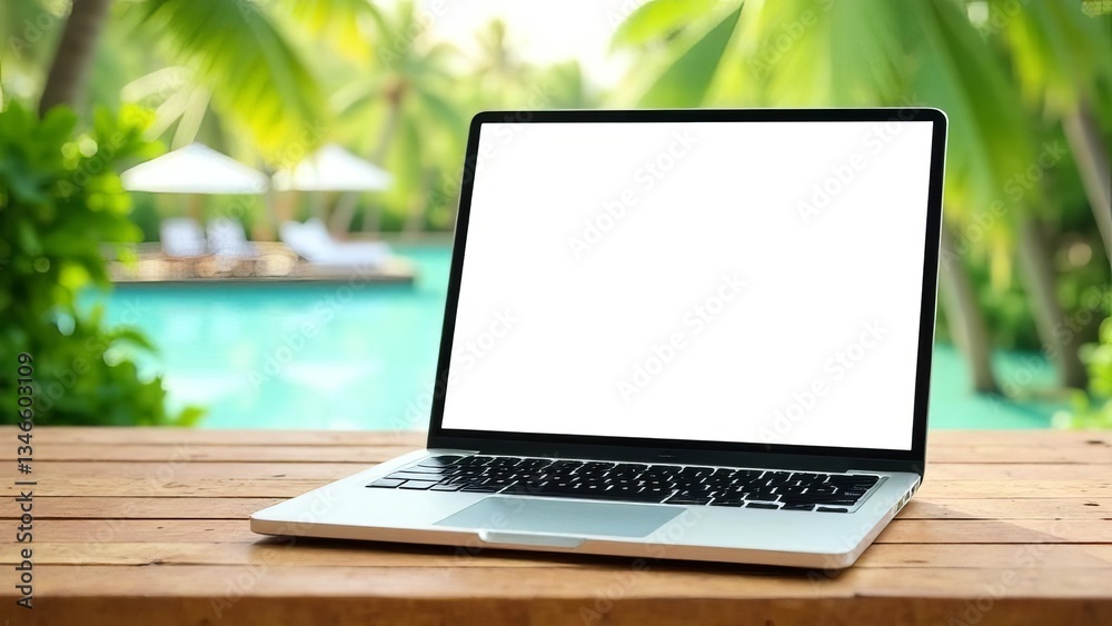 Mockup of open laptop with blank screen placed on bamboo table against tropical beach background. Summer. Mockup of open laptop with blank screen placed on bamboo table against tropical beach background. Summer.