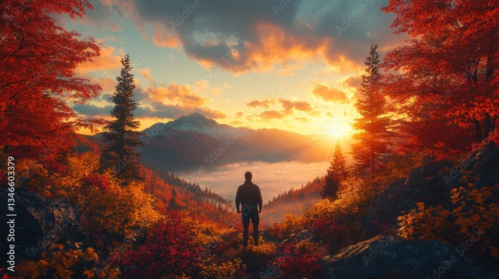 Obraz premium Man watching sunrise, autumn mountains, fog, nature