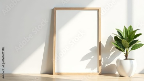 Poster mockup with wooden frame and plant on white wall.