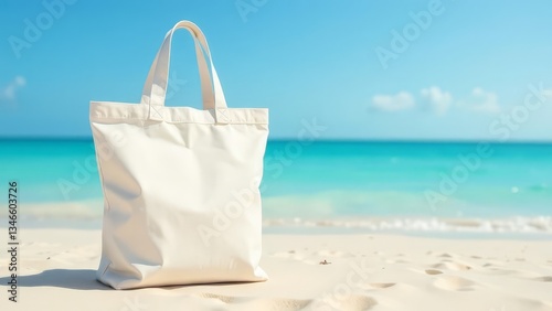 Mockup, Empty white cotton shopper bag on sandy beach, clear blue sea and sky in the background.
