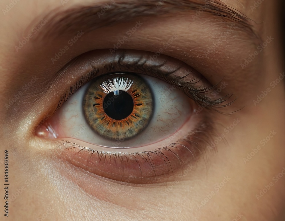 Fototapeta premium Close-up of a stunning hazel eye, showcasing intricate patterns and vibrant colors.