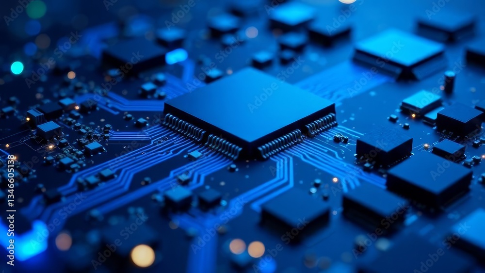 Blue high-tech circuit board background, abstract digital technology presentation, electronic components, digital infrastructure Blue high-tech circuit board background, abstract digital technology presentation, electronic components, digital infrastructure