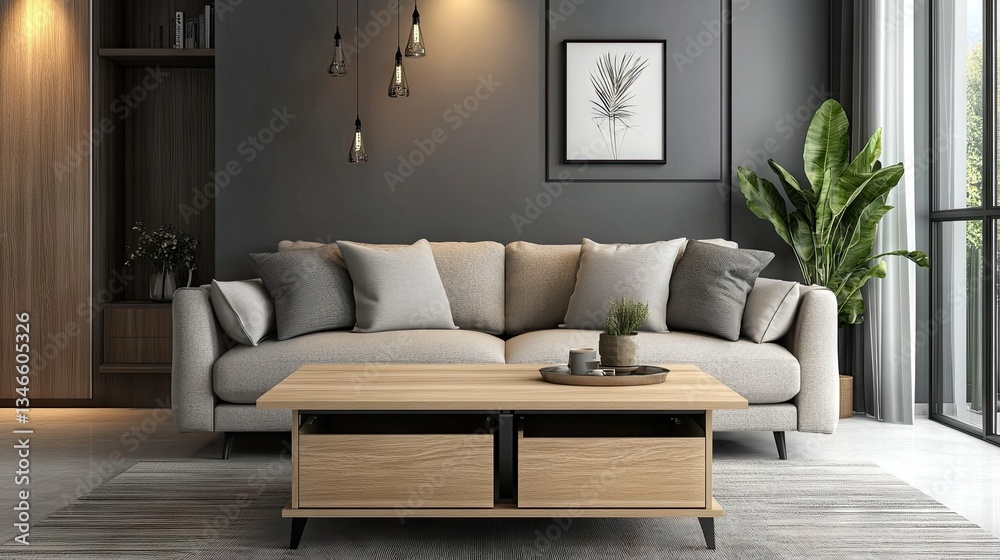 A trendy home featuring a space-efficient lift-top coffee table with deep storage A trendy home featuring a space-efficient lift-top coffee table with deep storage