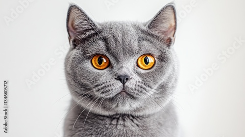 Adorable gray british shorthair cat with bright amber eyes on light background