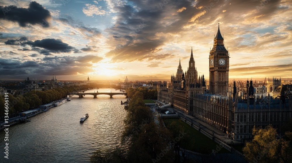 Fototapeta premium Sunset view of big ben london urban landscape photo riverside scenic perspective iconic landmark