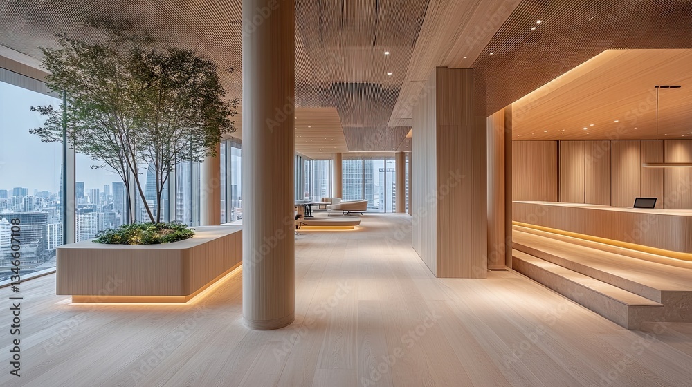 Fototapeta premium A well-lit work area with a desk at a height designed for preventing office syndrome